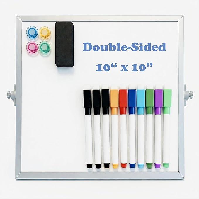 Small Dry Erase Board with Stand, 10" x 10" Double-Sided Desktop Whiteboard, Includes 10 Markers, 4 Magnets & 1 Eraser, Mini Whiteboard for Desk, Office, Kitchen, School, Kids Room