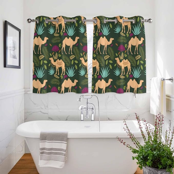 2 Panel Kitchen Cafe Curtains, Retro Desert Camel Sunlight Filtering Nature Air