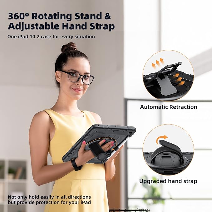 Case for iPad 9th/8th/7th Generation-Built-in Screen Protectorwith Pencil Holder&amp360°Rotating Hand StrapShoulder StrapCase for iPad 10.2 inch 2021-2019(Black)