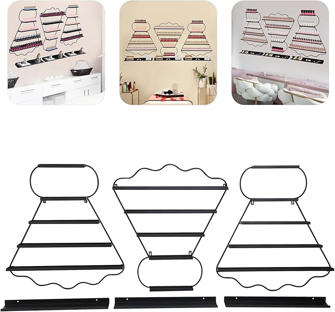 Metal Wall Mounted Nail Polish Racks Display Rack Cosmetic Display Case Lipstick Perfume Wall Shelf Essential Oil Organizer for Nail Polish Bottles Spa Nail Salon Shop (Black)