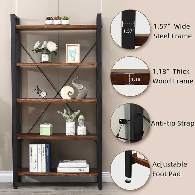 5 Tier Bookcase, Solid Wood Bookshelf Rustic Vintage Industrial Etagere Bookcase, Metal and Wood Free Vintage Bookshelf, Retro Brown (5-Tiers)