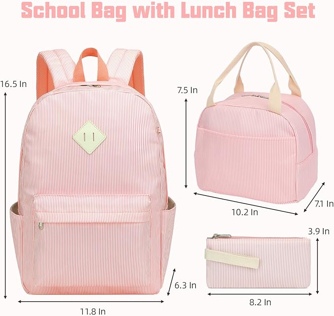 School Backpack for Girls, 3PCS Bookbags Set with Lunch Box Pencil Pouch Elementary Middle School Bag Laptop Back Packs (Stripes Pink)