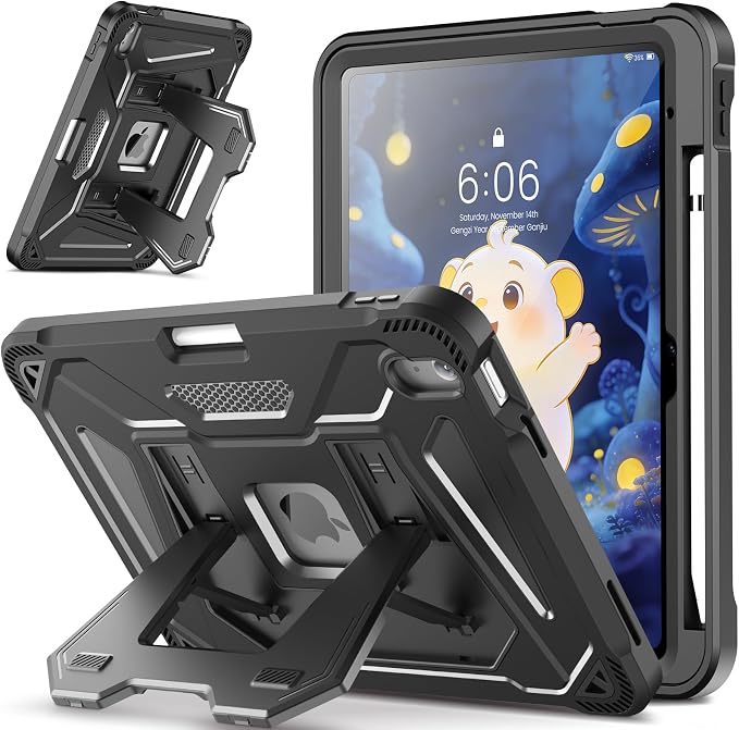 INFILAND Kids Case for iPad A16 11th Generation 11 Inch (2025) iPad 10th Generation 10.9 Inch (2022) Heavy Duty Rugged Shockproof Protective Cover with Dual-Support Folding Kickstand (Black)