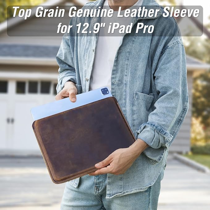 Top Grain Leather 12.9 Tablet Sleeve Slim Protector Vintage Design Fully Handmade Compatible with 12.9 iPad Pro 3/4/5/6 Gen Fits A2233 A2069 A2378 A2379 A2461 A2462 Coffee 12.9 Inch