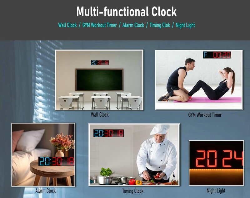 Boyiit 26'' Extra Large Home GYM Timer Clock, Programable Workout Interval Timer, Digital Wall Clock, with 7-color Night Light, 8 Alarm Clocks, Calendar/Temperature, Countdown & Stopwatch (Blue & Red)