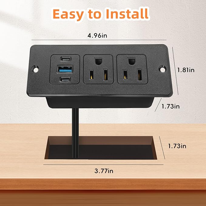 Recessed Power Strip USB, 20W Fast Charging Furniture Outlet - 2 AC & 3 USB (2 USB-C + 1 USB-A) for Desk, Bedside, Drawer, Conference Table - Space-Saving, Easy Install, 6FT Cord, Black
