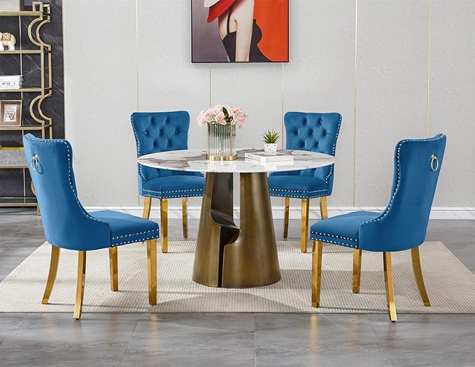5-Piece Faux Marble Round Dining Table Set for 4, Modern Luxury Kitchen Table Set for 4 with Blue Tufted Chairs,Circle Dining Tables with Pandora Grain Top and Bronze Pedestal Base