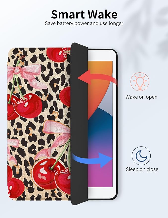 Case for iPad 9th/ 8th/ 7th Generation Case 10.2&amp10.5 Inch (2021/2020/2019 Release) Slim Lightweight Soft Trifold Back Cover with Pencil Holder &amp Auto Sleep/Wake Cover Cherries Cheetah Bows