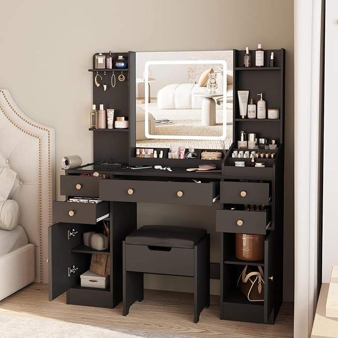 Vabches Vanity Desk with Lights, Makeup Vanity Table with Charging Station, 44.9in Big Vanity Set with 5 Drawers & Lots Storage Space, Black