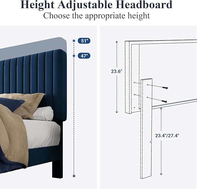 Allewie Full Bed Frame, Velvet Upholstered Platform Bed with Adjustable Vertical Channel Tufted Headboard, Mattress Foundation with Strong Wooden Slats, Box Spring Optional, Easy Assembly, Navy Blue