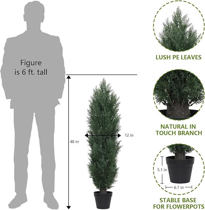 THE BLOOM TIMES 4ft Topiary Trees Artificial Outdoor Set of 2, UV Resistant Faux Cedar Pine Cypress Bushes & Shrubs, Fake Plants for Front Porch Outside Planter Patio Christmas Decor 4 Foot Tall