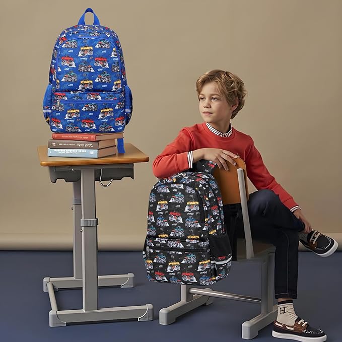 DSIUE School Backpack for Boys, Boys Backpack for Kids Children Teens Elementary Middle School With Lunch Box (Monster truck Black)