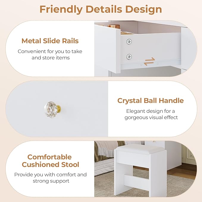 Hasuit Makeup Vanity Desk with Large Lighted Mirror and 9 Drawers, Large Vanity Desk with Storage Rack, Hook, Crystal Handle, White Bedroom Dressing Table Set with Charging Station, Lights Adjustable