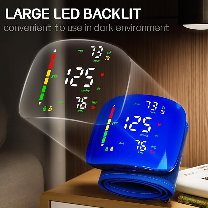 Wrist Blood Pressure Monitor, Rechargeable Blood Pressure Cuff with Large LED Screen - 2 * 99 Sets of Memory, One-Button Turn On/Off Voice & Switch User