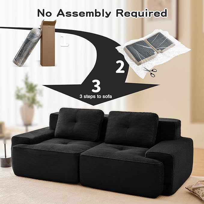80" Modern Corduroy Boneless Love Seat Couches, 2 Seater Large Sectional Couches for Living Room, Black Cloud Modular Sectional Sofa, Memory Foam, Extra Deep Loveseat, No Assembly