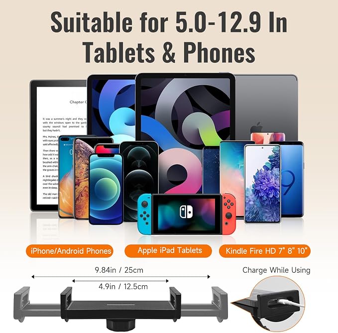 Phone Holder&ampTablet Holder for BedOverhead Cell Phone Mount | Adjustable 360° Rotatable Metal Kindle Holder Stand for iPad Pro Air Mini iPhone17/16 Kindle Other 5-12.9 Inch Devices