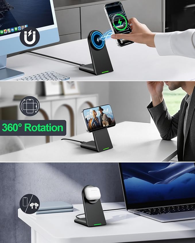 NANAMI 25W Magnetic Wireless Charger Stand with 30W PD Adapter for iPhone | Compatible with iPhone 17/16/15/14/13 N52 Alignment 360° Adjustable Design Auto-Dim LED Cooling System &amp Safety Prote