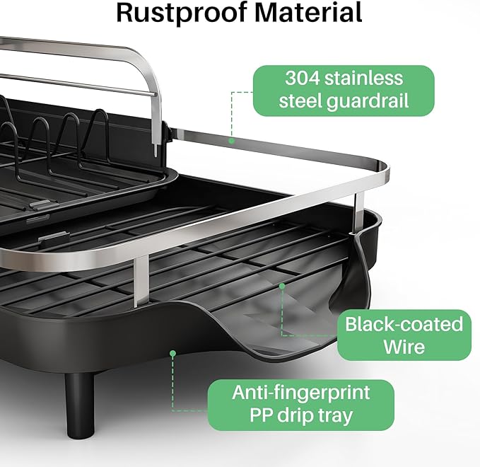 SAYZH Dish Drying Rack - Expandable Dish Rack for Kitchen Counter, Rust-Resistant Dish Drainer with Utensil Holder and Raised Guardrail, Kitchen Organizer for Cup and Bottle (Black)