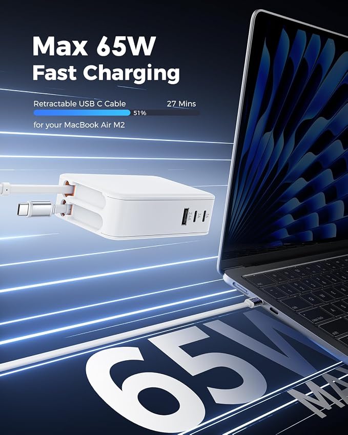 65W Retractable Wall Charger with Dual USB C Cables | 5-Port Charger Block Compact Foldable Power Adapter Fast Charging for MacBook Pro/Air Dell XPS ThinkPad ZenBook iPhone iPad