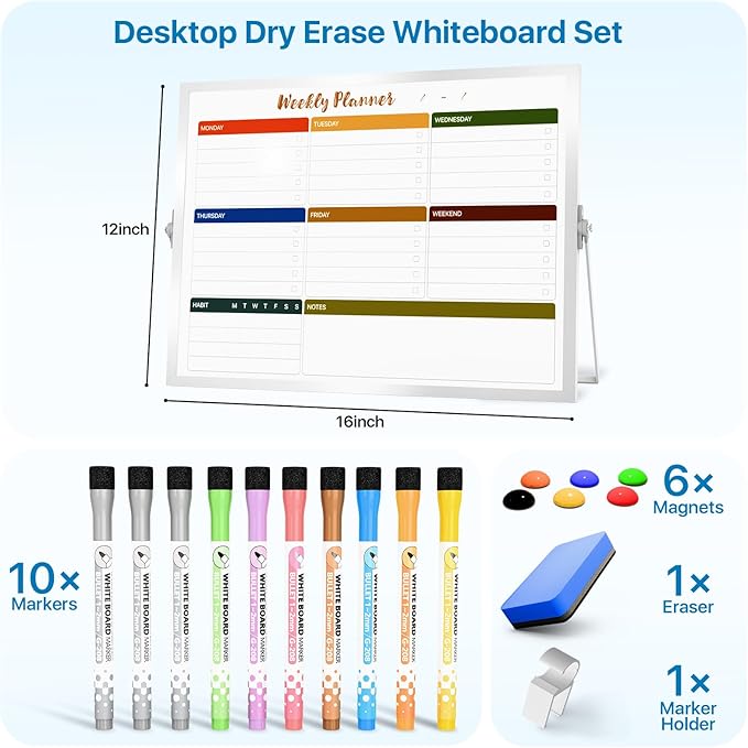Dry Erase White Board with Stand,Double-Sided Weekly Whiteboard 16"x12", 10 Markers, 6 Magnets, 1 Eraser, Portable Desktop Whiteboard for Planning,Weekly Schedule Board for School for Home