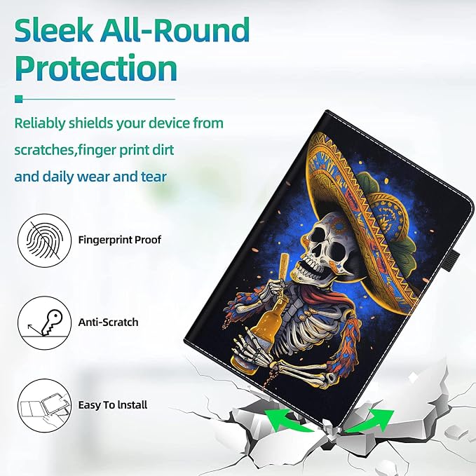 Case Cover for Amazon All-New Kindle Fire 7 Tablet (2022 Release-12th Generation) Latest Model 7 Slim Folding Stand Cover with Auto Wake/Sleep Dancing Skeleton in Mexican Costume