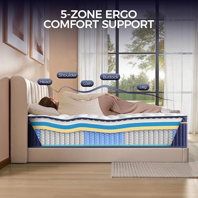 King Mattress, 12 Inch King Size Hybrid Mattress in a Box, Medium Firm Memory Foam mattress, with Individual Pocket Springs, Upgrade Zoned Support, Motion Isolation&Pressure Relief, CertiPUR-US
