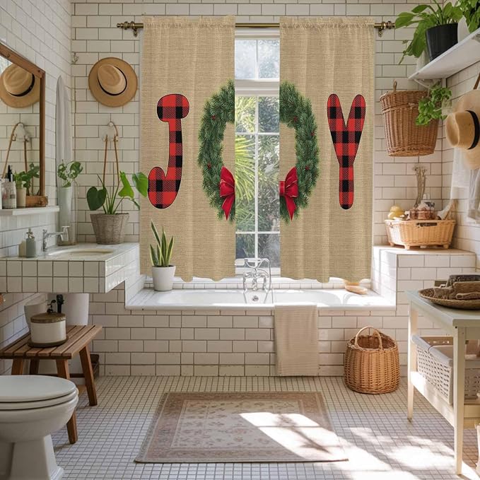 Red Green Christmas Window Curtains 63 Inch Long 2 Panel Set, Rod Pocket