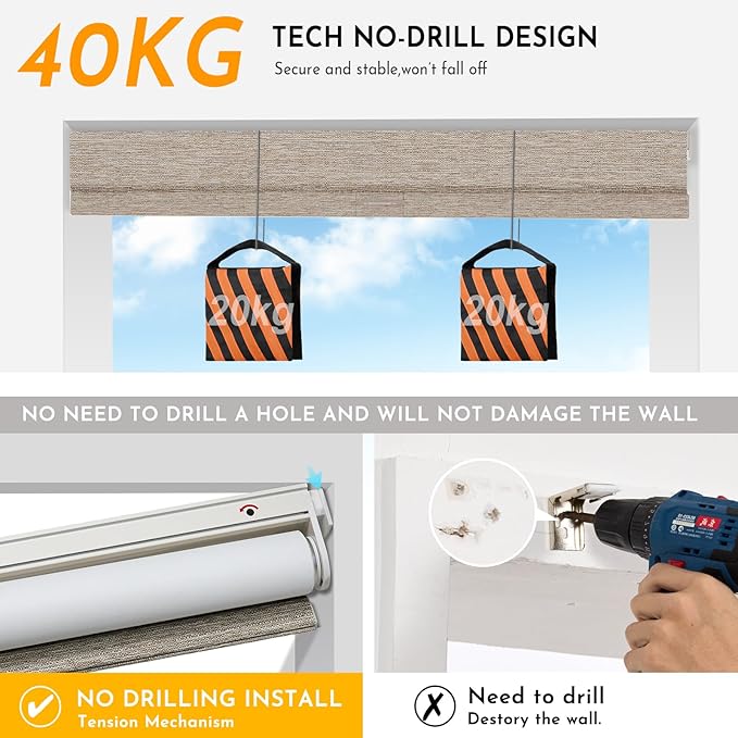 Persilux Smart Motorized Blinds with Remote, No Drill Automatic Roller Shades for Indoor Windows, Blackout Linen Fabric, Electric Blinds for Windows, Linen Light Brown C156BO-3, Custom Size