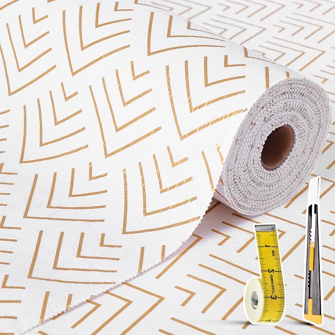 Shelf Liner for Kitchen Cabinets Non Adhesive Drawer Liner Gold Arrow Non-Slip Thickened Shelf Liner Paper Strong Easy to Clean for Tool Box Refrigerator with Knife and Tape Measure 23 inche x 30 feet