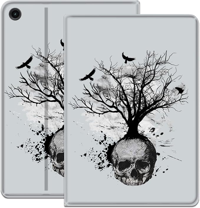 for Samsung Galaxy Tab A8 10.5 2022 Slim Case with Adjustable Stand Cover with Auto Wake/Sleep Smart Cover for Samsung Galaxy A8 10.5 Inch（SM-X200/X205/X207）- Black and White Skull Head Tree