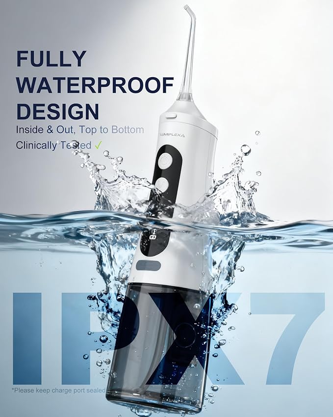 Lumiflexa Water Dental Flosser for Teeth Pick, Cordless Flosser for Travel with 4 Jet Tips, 9 intensities, IPX7 Waterproof Portable & Rechargeable Oral Irrigator Cleaner, White