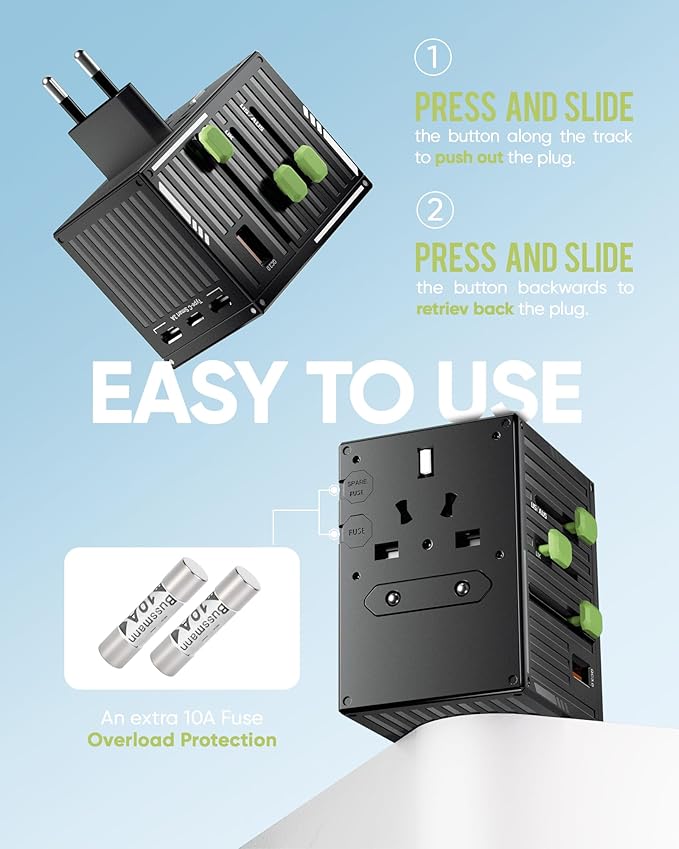 70W Universal Travel Adapter with 4 USB-C & 1 USB-A Ports, International Power Adapter, European Travel Plug Adapter, Worldwide Travel Essentials for EU UK AUS USA