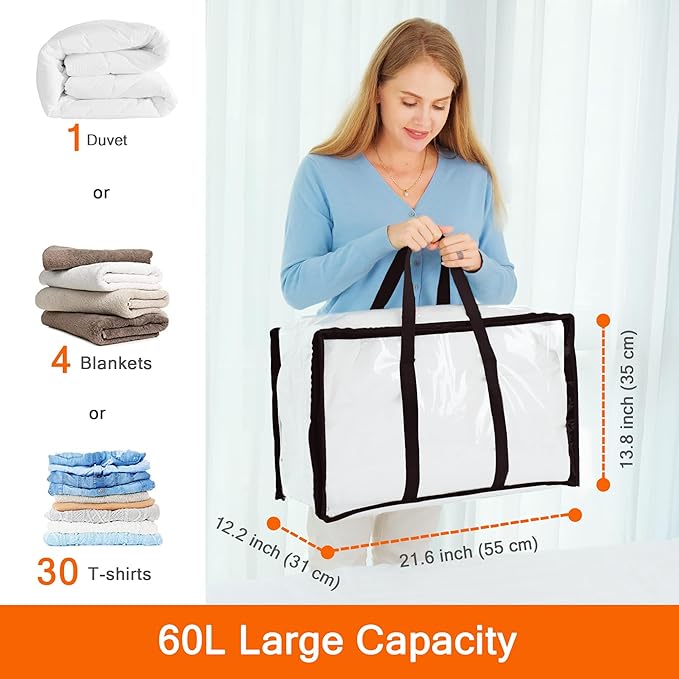 Vieshful 3 Pack Clear Comforter Storage Bag, 60L Clothes Storage Bag with Zipper Closet Organizer, Plastic Storage Containers Moving bags for Comforter, Blanket, Bedding, Duvet, Toys