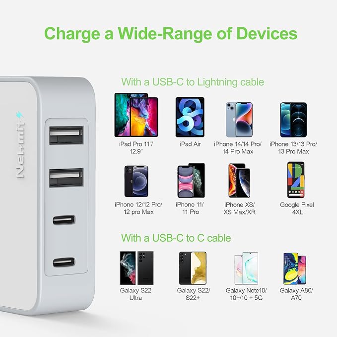Nekmit USB C Charger Fast Thin Flat 52W 4-Port Wall Charger with Two 20W Power Delivery and 2 USB Port for iPhone 14/14 Pro/14 Pro Max Galaxy Pixel iPad Pro AirPods Pro and More Upgraded