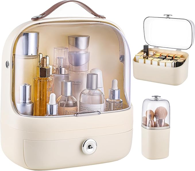 Makeup Storage Organizer Skincare Organizers, Cosmetics Display Case with Makeup Brush Holder and Lipstick Organizer, Dustproof Countertop Makeup Organizer with Transparent Cover and Handle