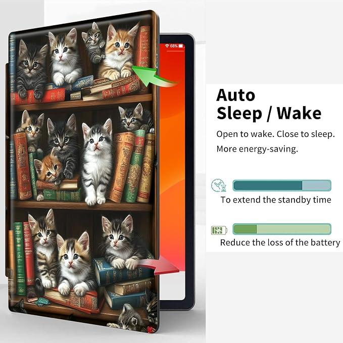 Case for iPad Pro 12.9 Inch 6th/5th/4th Gen (2022/2021/2020)360 Degree Rotating Protective Stand Cover with Auto Wake/SleepVintage Bookshelf and Cats