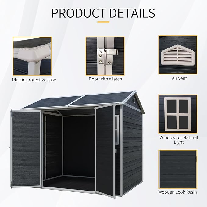 8x6 FT Outdoor Storage Resin Shed with Floor, Waterproof Plastic Garden Tool Shed with Windows, Vents & Lockable Door and Sloped Roof, Easy to Assemble Bike Shed for Patio, Backyard, Lawn, Black