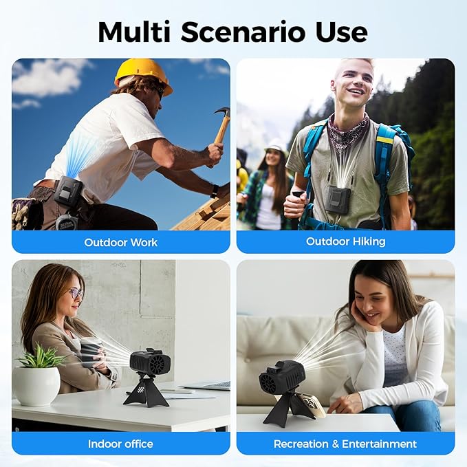 FlarePoint Portable Personal Waist Neck Fan - Airflow Strong, 10000rpm, 4-Speed Rechargeable Battery, Fast Cooling,Hands-Free Clip Belt Fan Indoor, Outdoor, Camping,Work