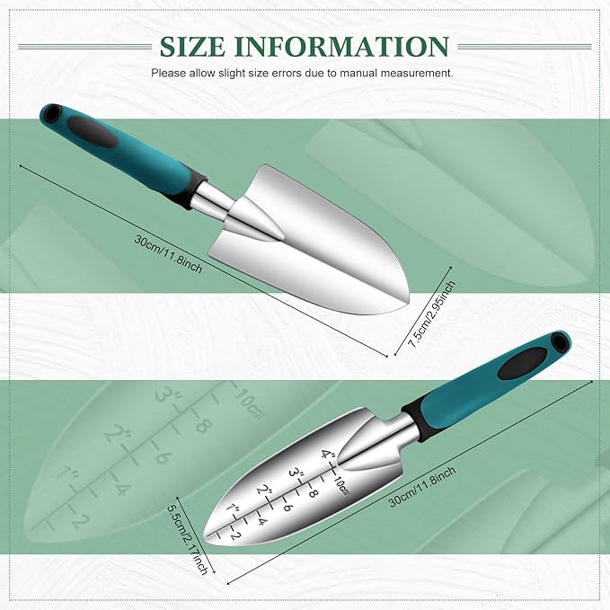 Honoson Garden Hand Trowel Transplant Trowel with Measurements Aluminum Alloy Planting Tools with Rubber Handle Small Gardening Hand Tools Shovels for Gardening Cultivating Transplanting Supplies