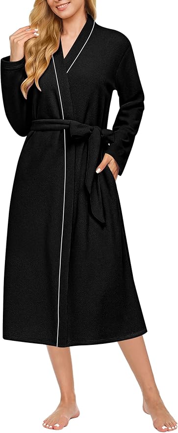Ekouaer Robes for Women Long Sleeves Bathrobe V Neck Cozy Housecoat Lightweight Fleece Robe with Pockets S-XXL