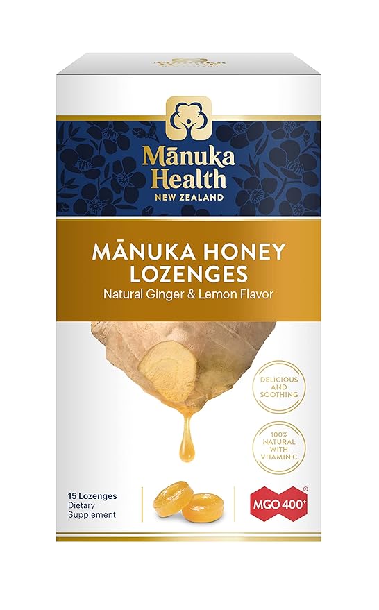Manuka Health Manuka Honey Lozenges – 15 Lemon and Ginger Flavored Lozenges – Natural Throat Lozenges Infused with Raw Manuka Honey and Vitamin C for Immune Support