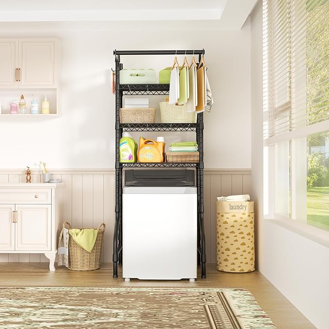 Ulif U11 Mini Over Washer and Dryer Shelves, 3 Tiers Laundry Room Storage and Organizer Standing Shelf, Metal Freestanding Clothes Drying Rack, 28.3”W x 19.7”D x 77.6”H, Black