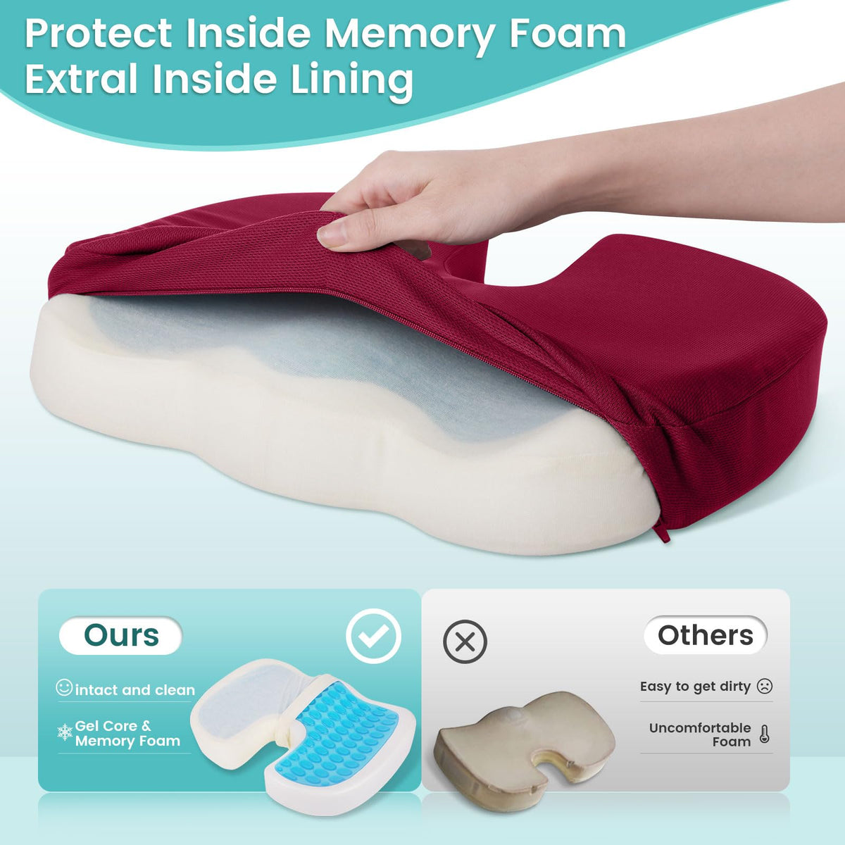 Office Chair Seat Cushion, Cooling Gel Enhanced Memory Foam Cushion for Long Sitting - Back, Sciatica, Coccyx, Tailbone Pain Relief Pillow - for Office, Gaming, Car, Wheelchair - Red, X-Large