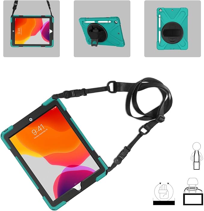 ProCase Rugged Case for iPad 9th/ 8th/ 7th -Teal | Heavy Duty Shockproof Protective Cover with Strap for 10.2 iPad 9/8/7 (2021/2020/2019)