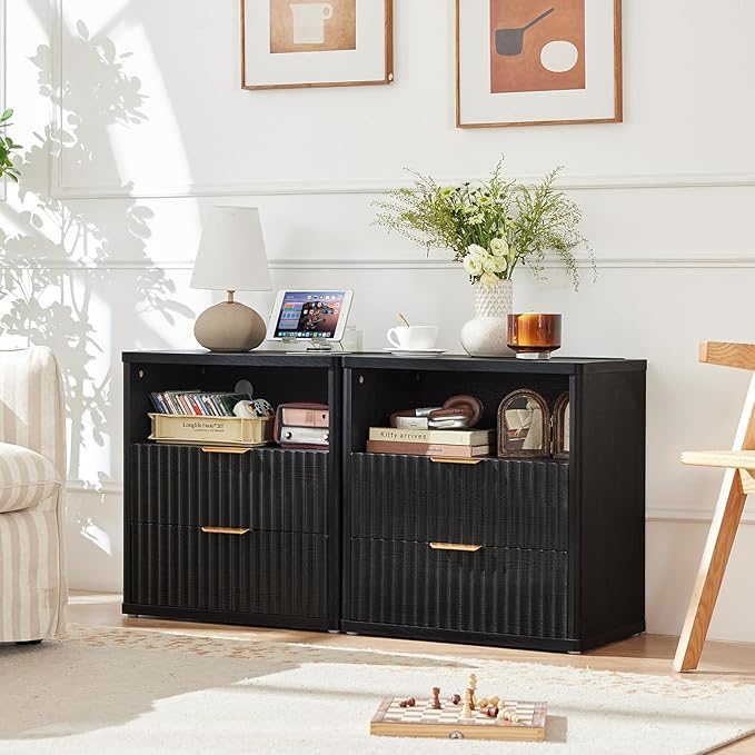 LEYAOYAO Fluted Farmhouse Nightstand Set of 2 with Charging Station, 23" Wide 2 Drawers End Table,Black Dresser for Bedroom,Bed Side Table Chest of Drawers Cabinet,Wood Night Stand for Living Room