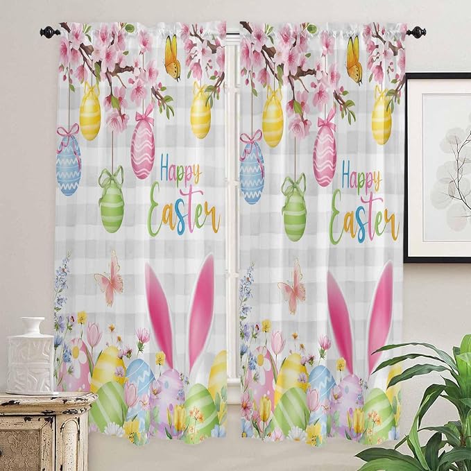 Happy Easter Living Room Curtains 72 Inches length, Spring Watercolor Bunny