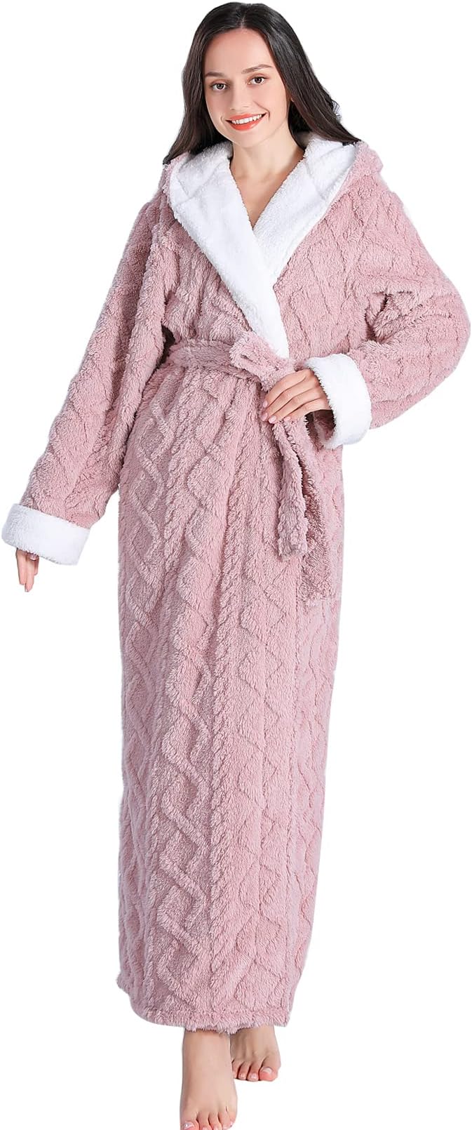 LKG women's robes long plush hooded ladies shower luxury christmas warm fuzzy robes house coat bathrobe for women full length