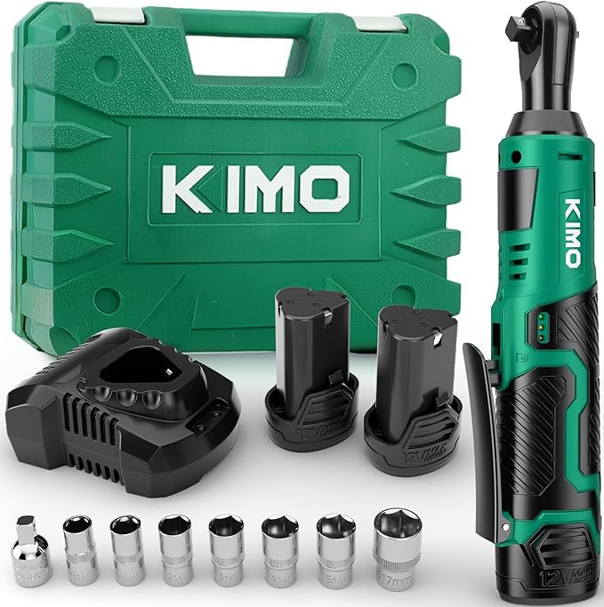 KIMO Cordless Electric Ratchet Wrench Set, 40Ft-lbs, 400RPM, 12V Cordless Ratchet Wrench 3/8" w/Variable Speed Trigger, 7Sockets, 1/4" Adapter, Forward/Reverse Switch, 2Battery Power Ratchet w/Charger