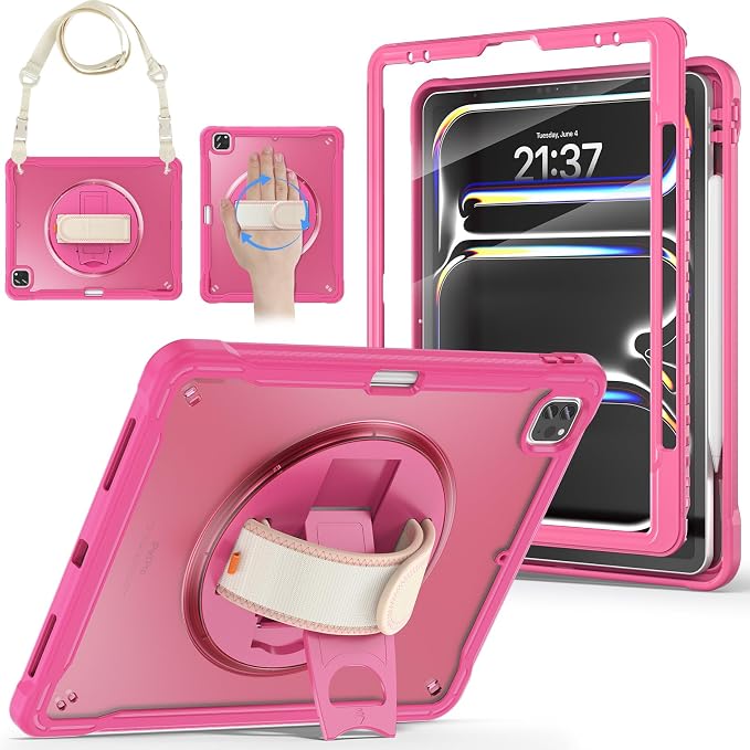 BRAECNstock Full-Body Case for iPad Air 13/Pro 12.9(3-6th)Khaki | Drop-Proof Case with Pencil Holder &amp Screen Protector | 360° Stand for Hands-Free Travel Strap | DIY-Friendly Frosted Back