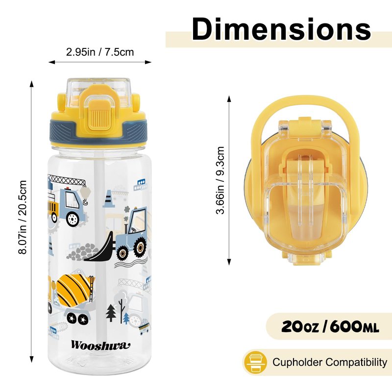 wooshwa Kids Water Bottle for School, 20 Oz Plastic Water Bottle with Silicone Spout and Pop-Up Cover, BPA Free & Dishwasher Safe (Excavator)